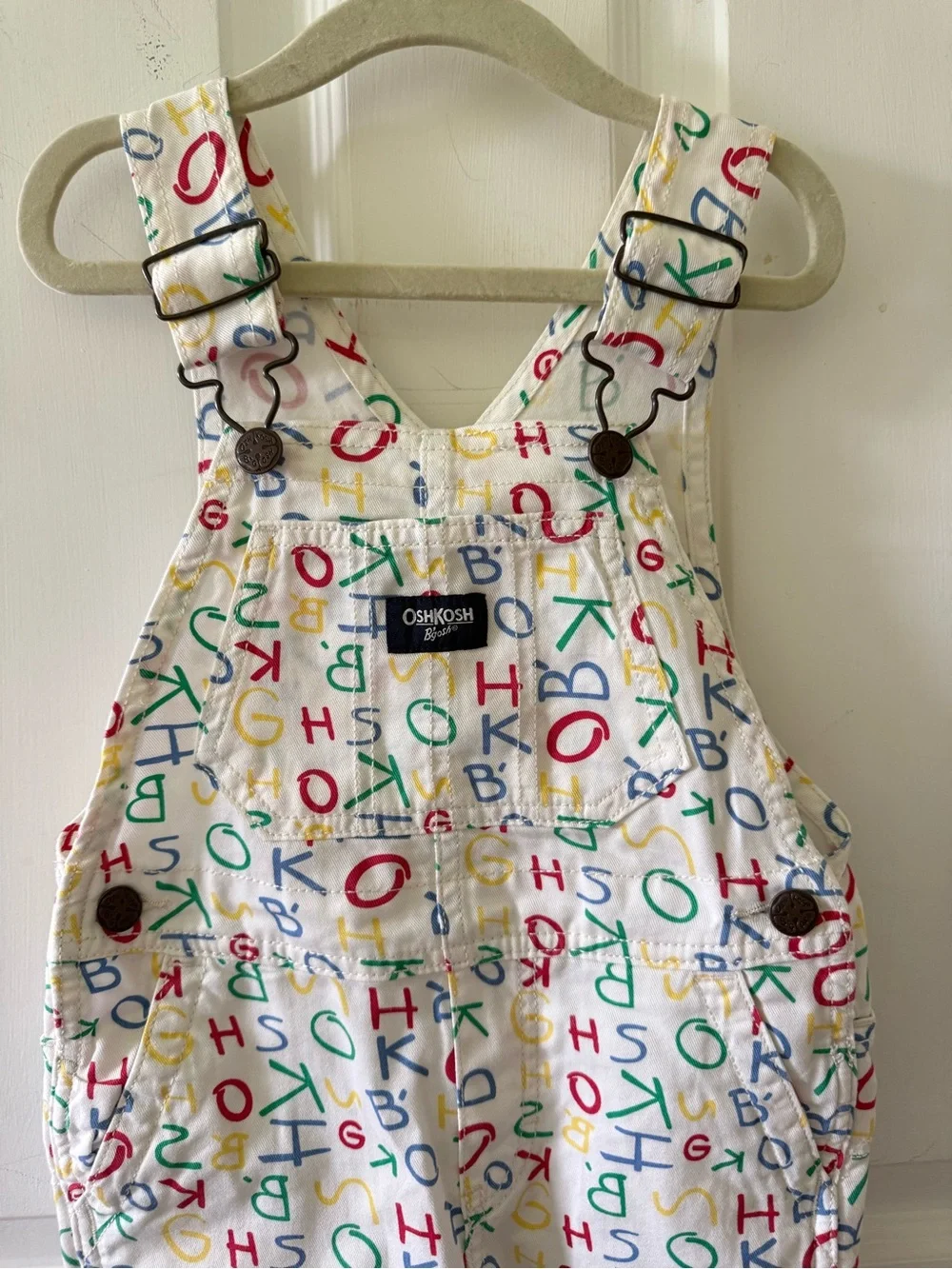 OshKosh B'gosh Cream Overalls with Multicolor Alphabet Print